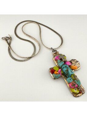 Handcrafted Colorful Stone Chip Cross Pendant Necklace Silver Tone Boho Chunky
